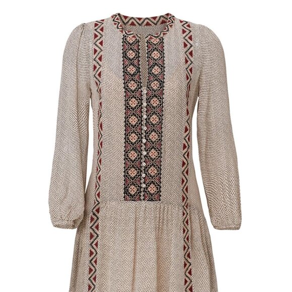 Joie | 100 % Silk Boho Peasant Dress Beige Black Embroidered | Size S - Picture 2 of 8